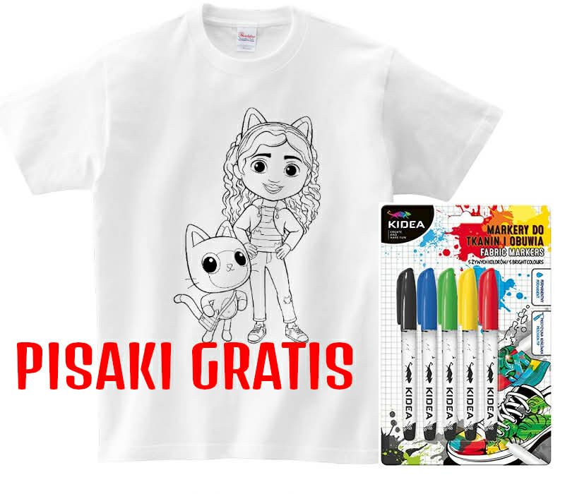 T-shirt Koci domek Gabi i kotek do kolorowania + pisaki