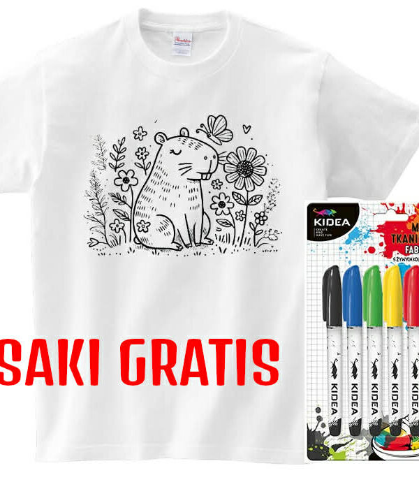 T-shirt z kapibarą na łące do kolorowania + pisaki