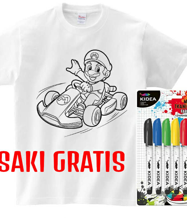 T-shirt Mario wyścigówka do kolorowania + pisaki